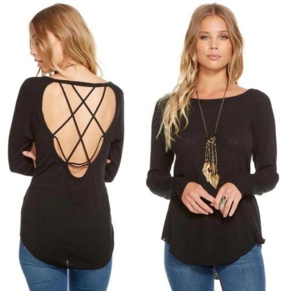 Chaser Waffle Knit Criss Cross Open Back Long Sleeve Tee Size M